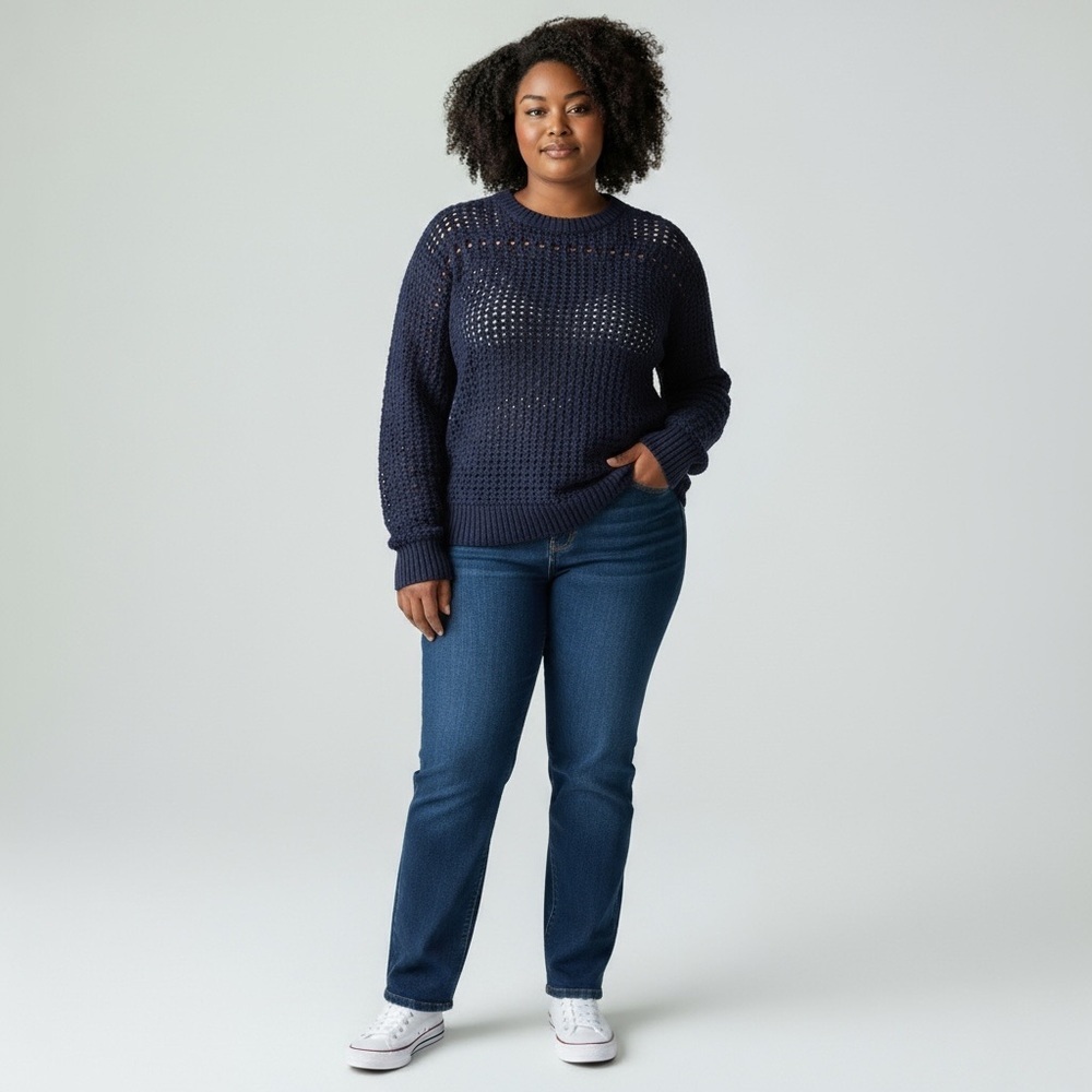 Gap Crochet Navy Blue Long Sleeve Crew Neck Loose Knit Sweater Size XL 16/18 - Picture 2 of 8